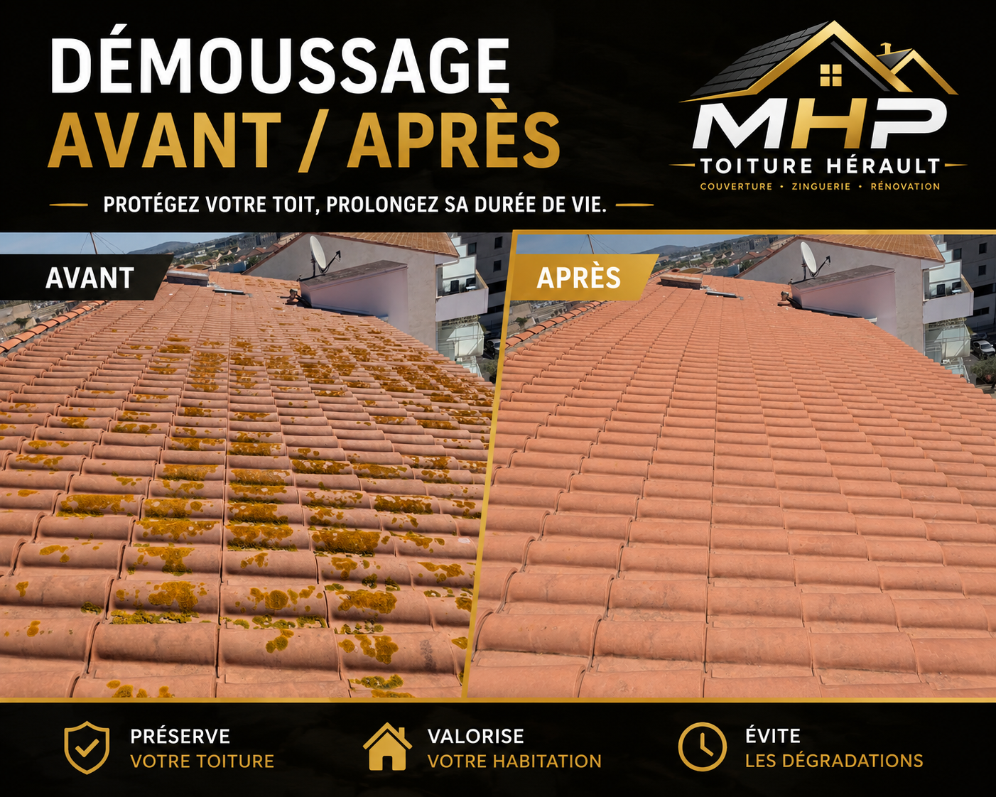 Démoussage toiture avant après — MHP Toiture Hérault — Traitement hydrofuge tuiles romanes
