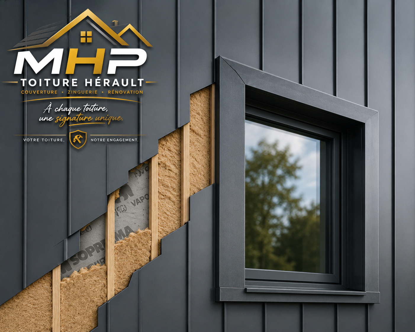 Bardage métal zinc aluminium avec isolation — MHP Toiture Hérault — Couverture Zinguerie Rénovation
