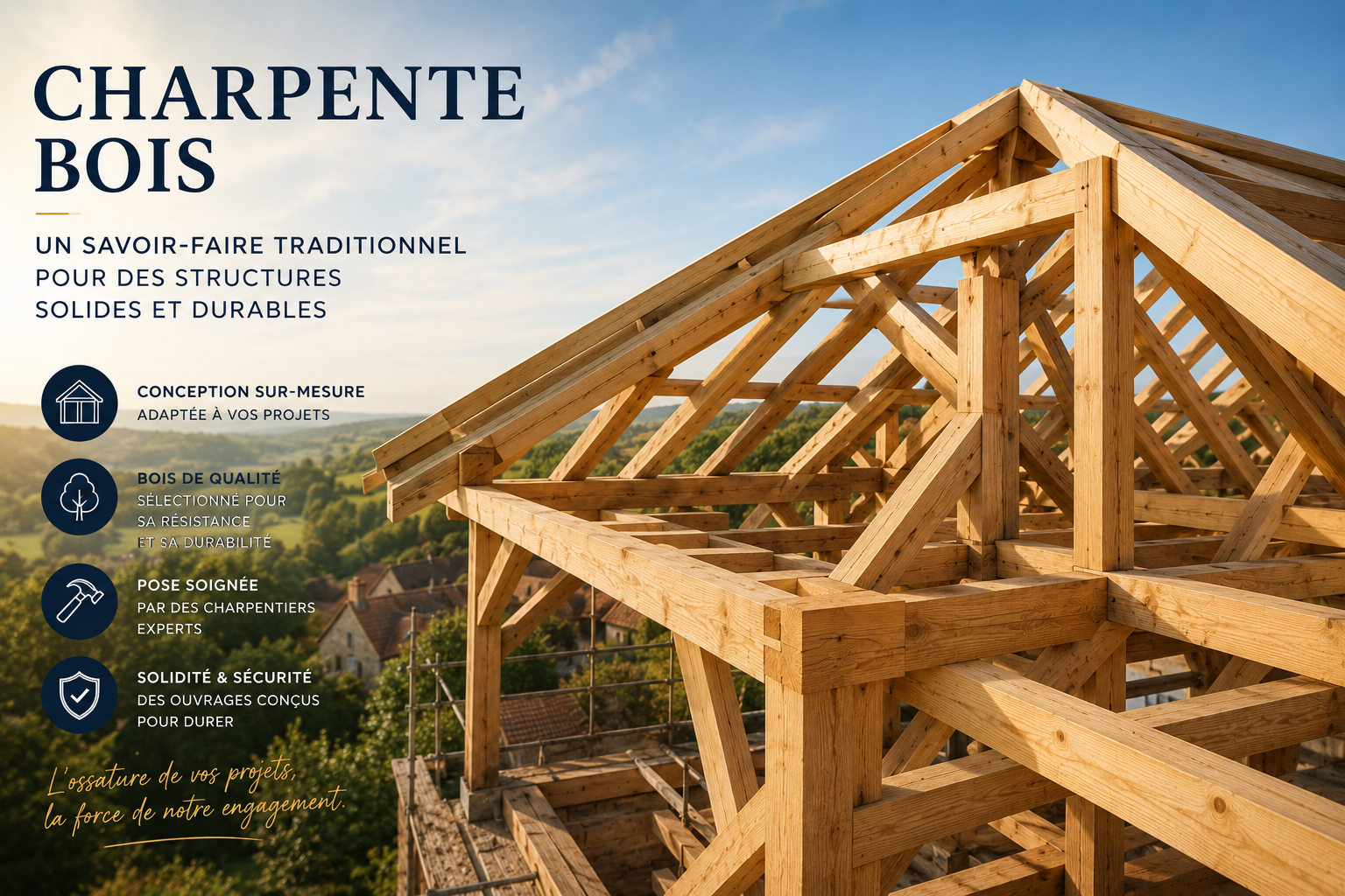 Charpente bois traditionnelle — savoir-faire artisanal MHP Toiture Hérault Hérault