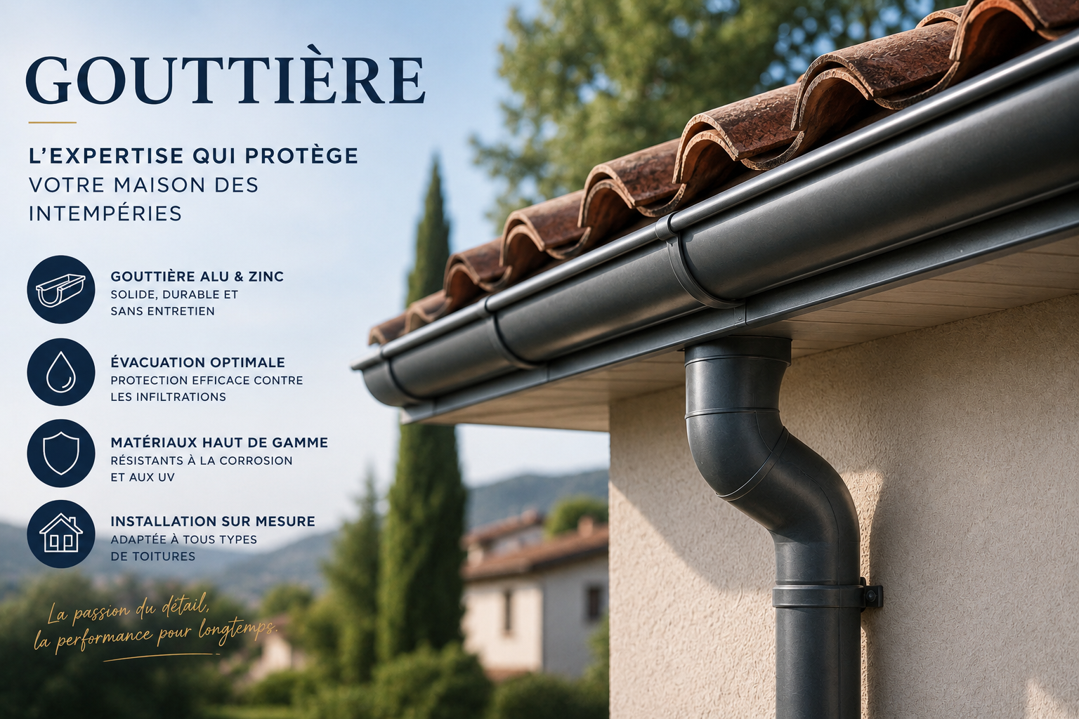 Gouttière alu et zinc — expertise MHP Toiture Hérault — installation sur mesure