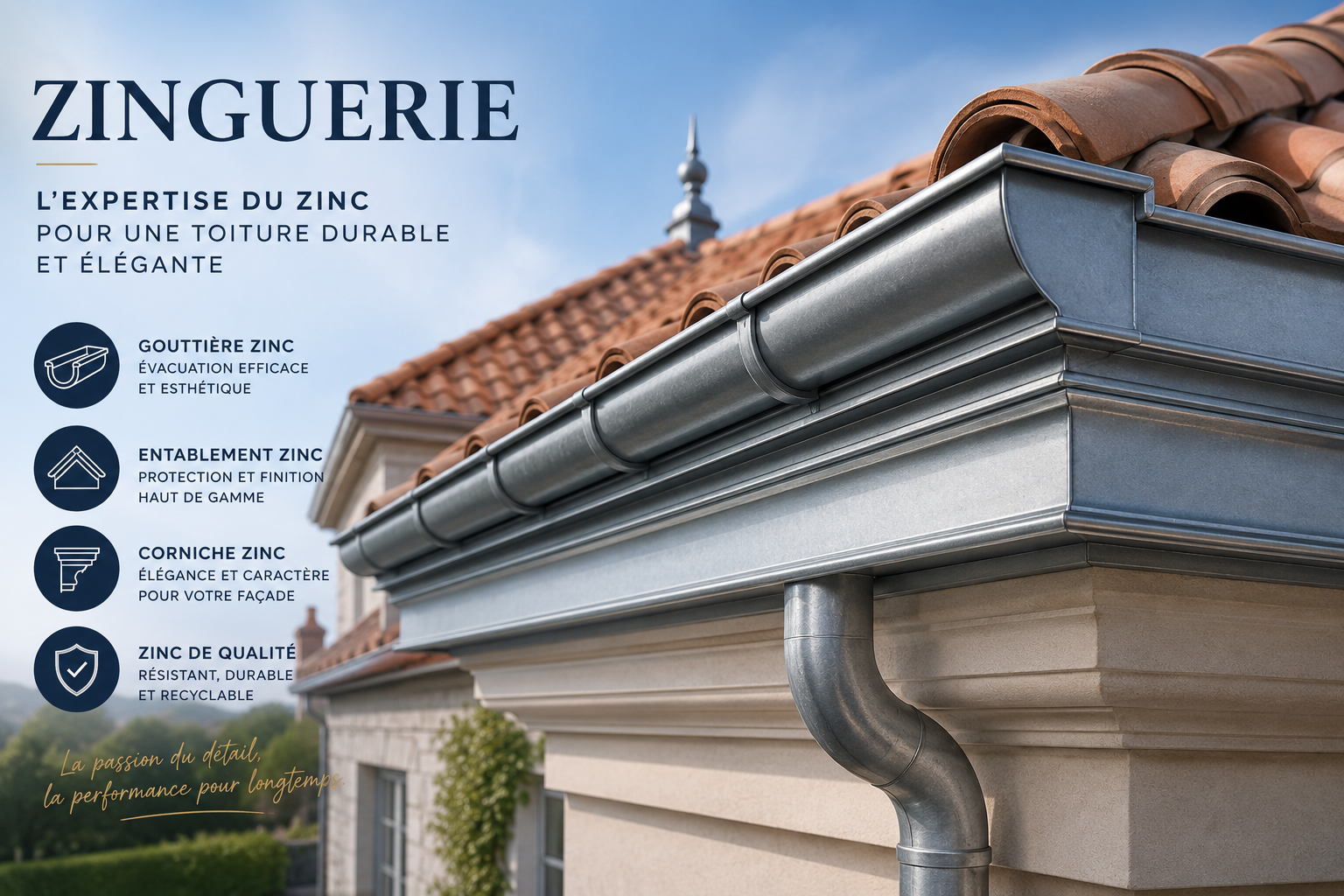 Zinguerie zinc — gouttière, entablement et corniche zinc — MHP Toiture Hérault Hérault